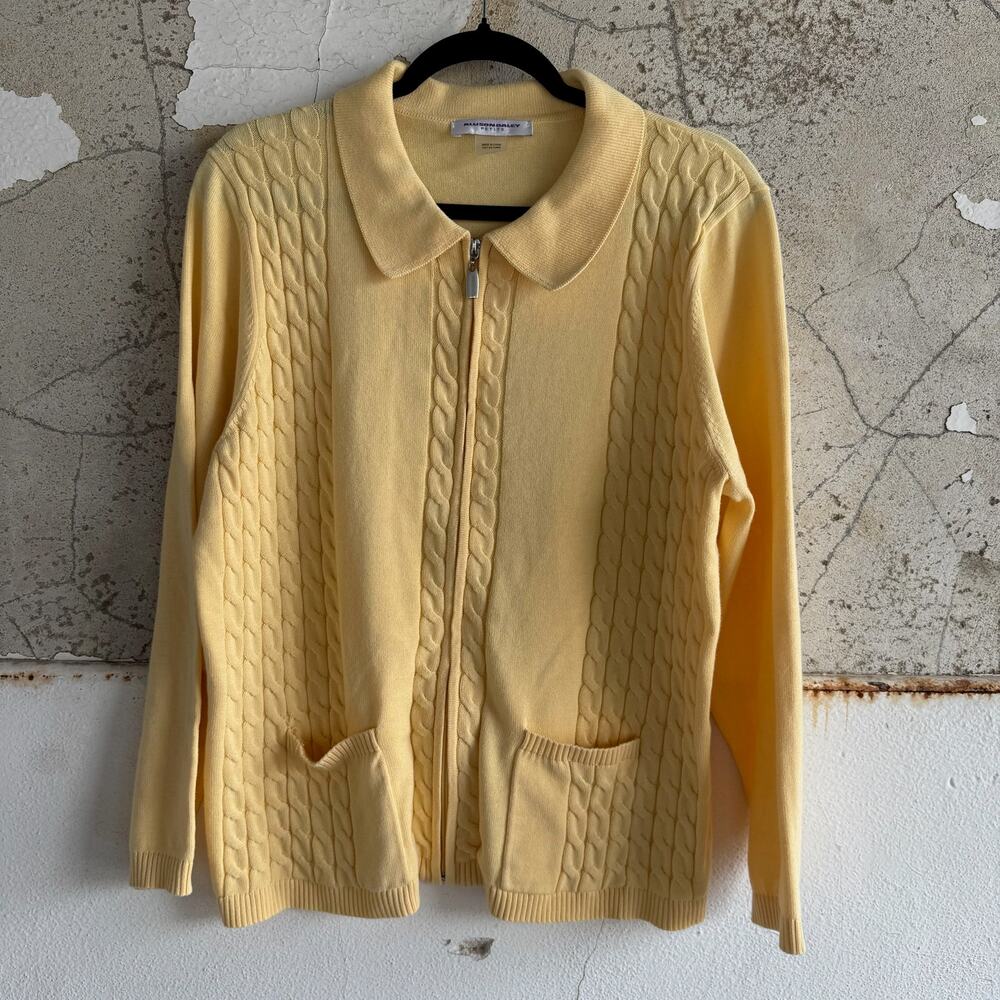 Vintage Cardigan Sweater Butter Yellow Cable Knit Front Zip Petite Womens L‎ - Picture 2 of 6